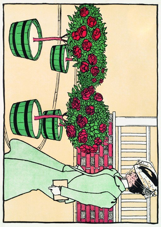 Art Nouveau Garden Scene with Figures and Barrels