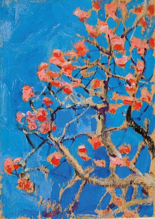 Impressionist Cherry Blossoms Against a Vibrant Blue Sky