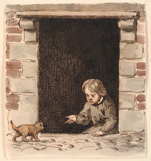 Child Offers Hand to Kitten by Dark Doorway