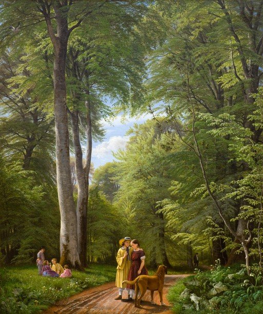 Children and Dog in a Lush Forest Clearing