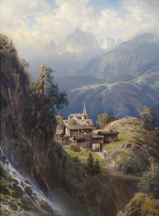 Alpine Village Nestled Amidst Majestic Mountains and Waterfalls