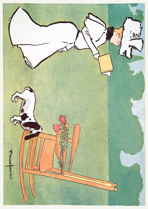 Woman Reading with Dog and Roses on Chair