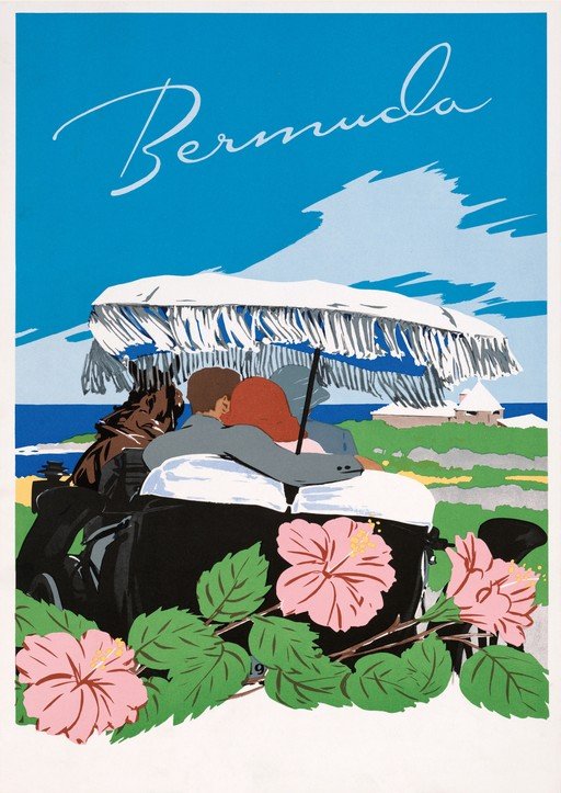 Bermuda Travel Poster: Couple in Horse-Drawn Carriage
