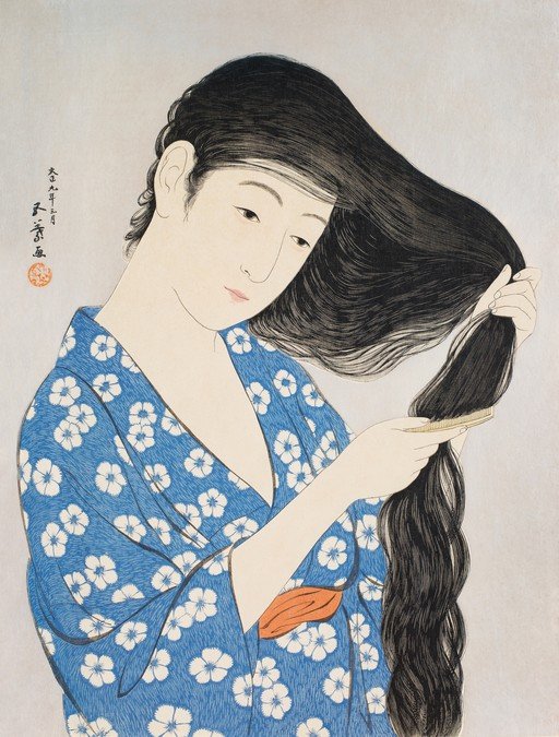 Woman Brushing Long Black Hair in Blue Floral Kimono