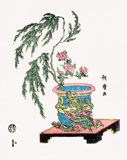 Japanese Woodblock Print: Dragon Vase with Weeping Willow and Peonies