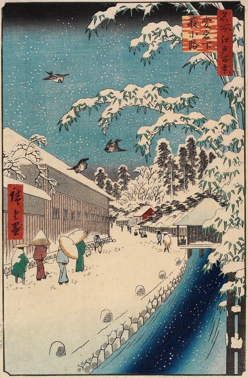 Snowy Village Scene with Travelers and Birds