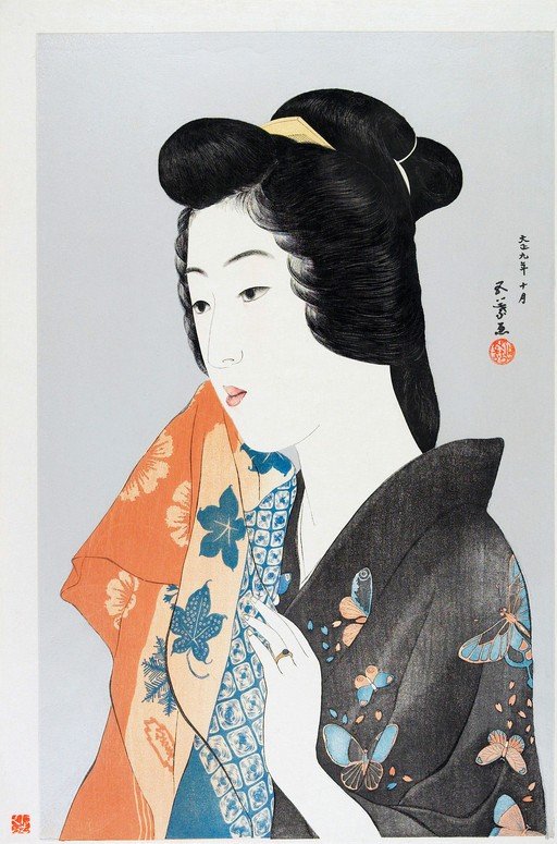 Ukiyo-e Woodblock Print of a Woman with Butterflies