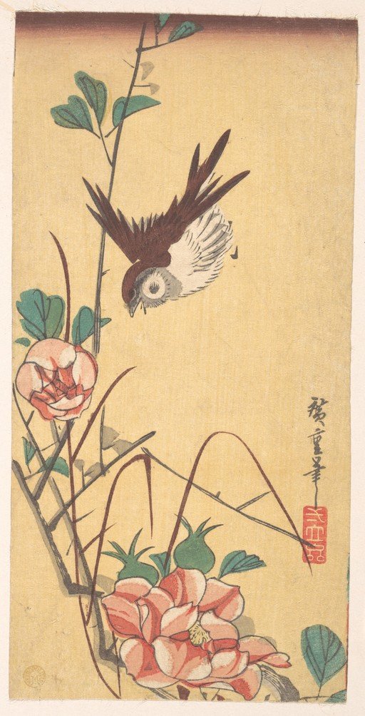 Long-tailed Tit and Roses Woodblock Print