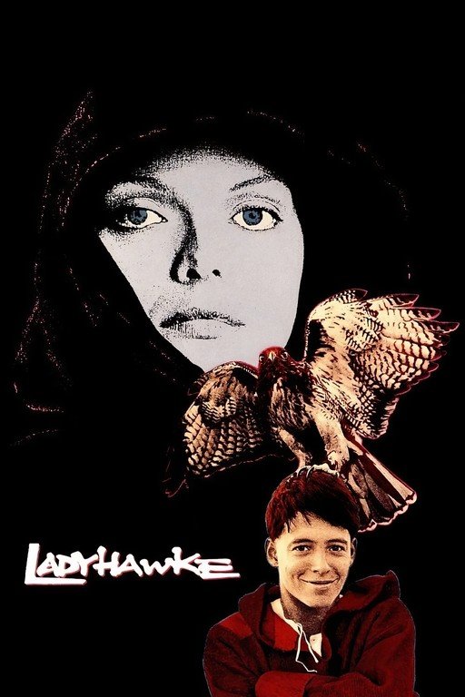 Ladyhawke Movie Poster with Woman, Hawk, and Boy