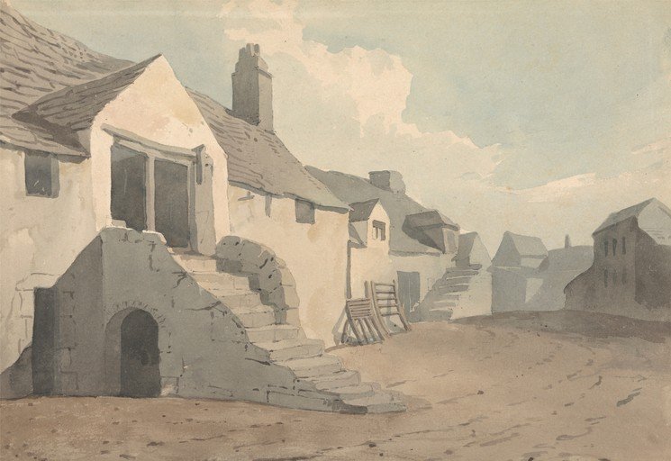 Watercolor of a Rustic Village Scene with Stone Steps