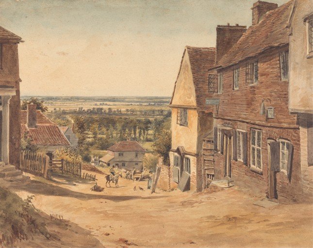 Watercolor of a Village Scene with Distant Landscape