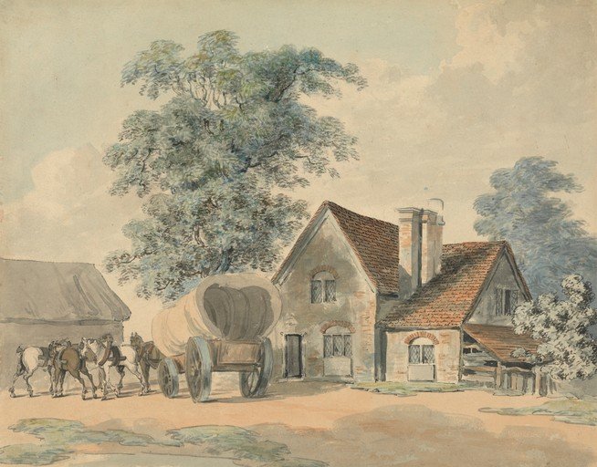 Horse-drawn Wagon and Farmhouse in Rural Landscape