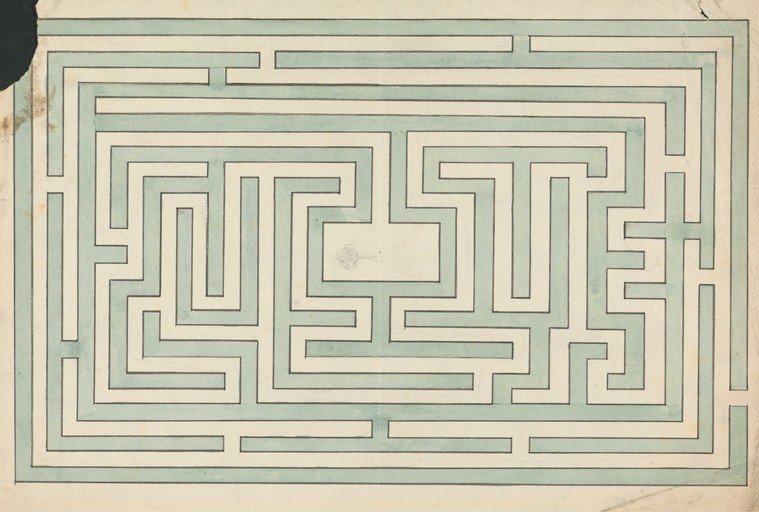 Architectural Drawing of a Rectangular Maze with a Central Feature