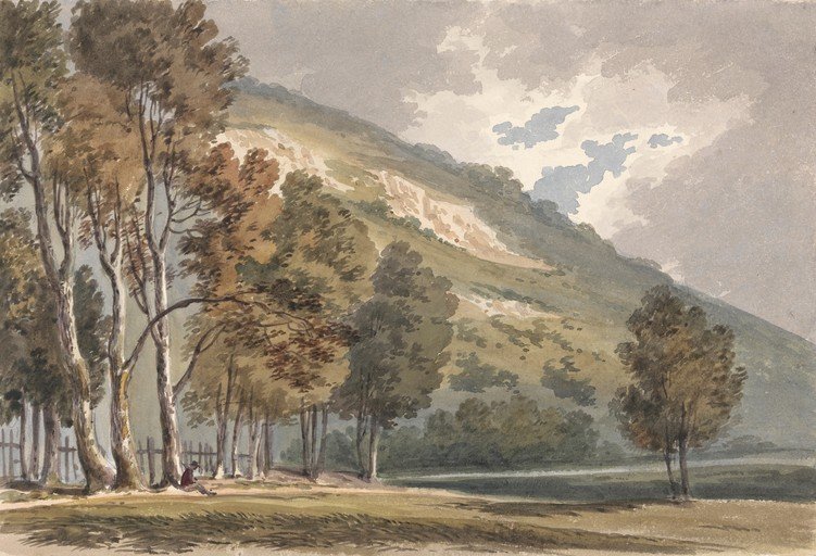 Watercolor Landscape with Figure and Hillside