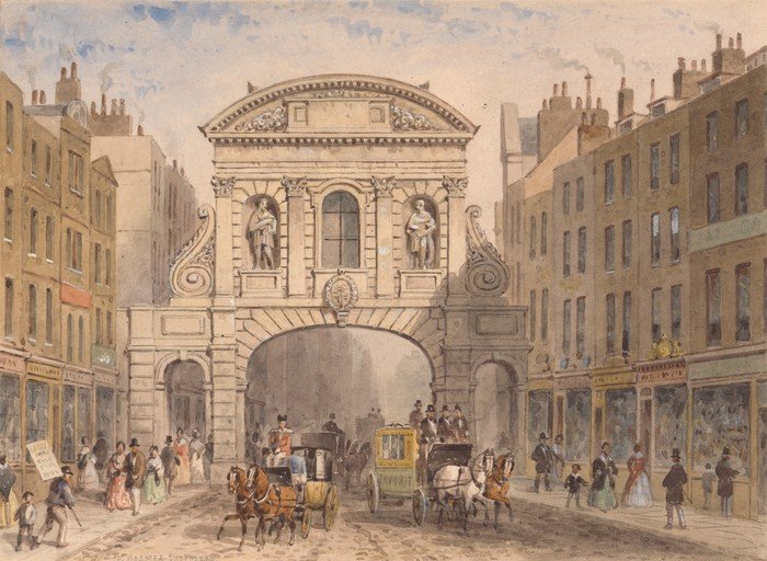 Victorian London Street Scene with Archway and Carriages