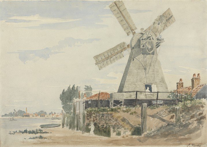 Watercolor painting of a windmill by a river with a distant town