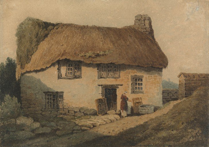 Thatched Cottage with Woman and Stone Wall