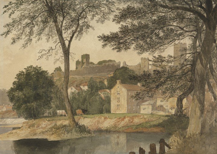 Watercolor of a Castle Town by a River