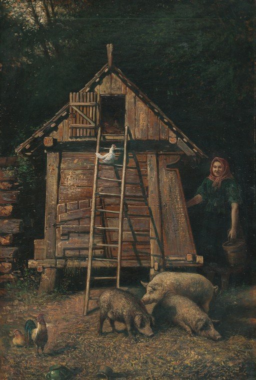 Farmyard Scene with Woman, Pigs, and Chickens