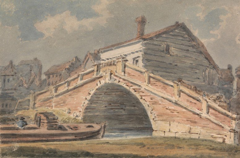 Watercolor of a Canal Bridge and Barge