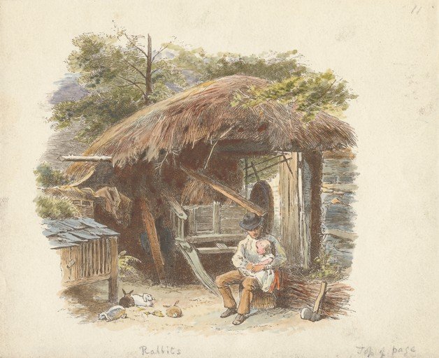 Man Holding Baby Near Thatched Hut with Rabbits