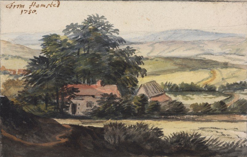 Watercolor Landscape with Farmhouse and Barn