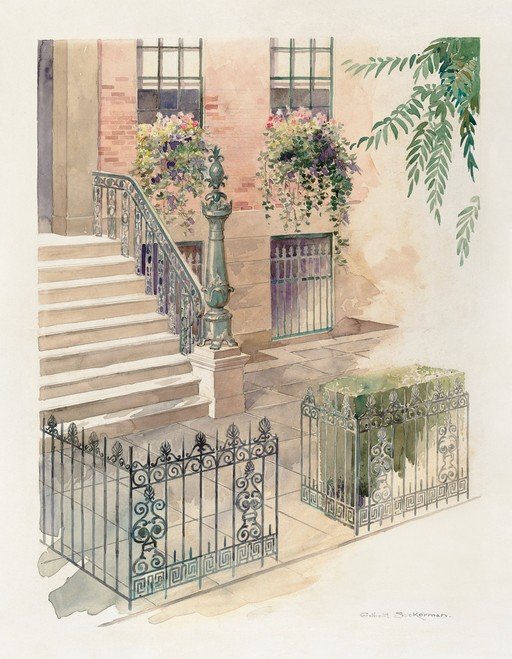 Charming Brownstone Entrance with Floral Accents