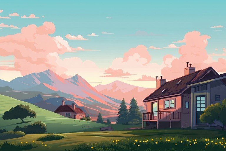 Serene Mountain Landscape with Houses at Sunset