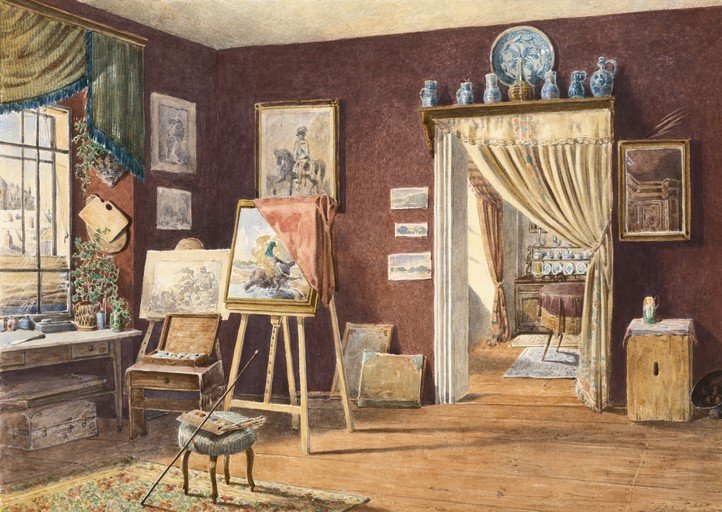 Artist's Studio Interior with Paintings and Easel