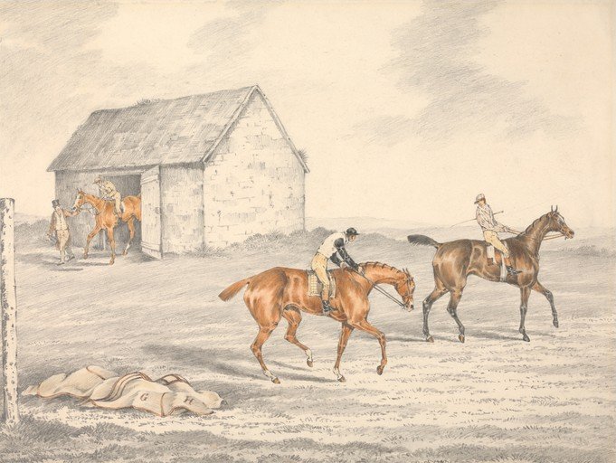 Horse Racing Scene with Stable and Jockeys