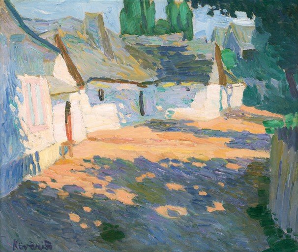 Impressionist Village Scene with Sunlit Courtyard