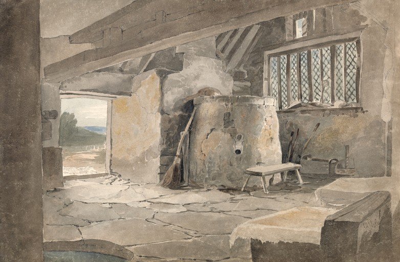 Interior of a Rustic Stone Building with Oven and Window