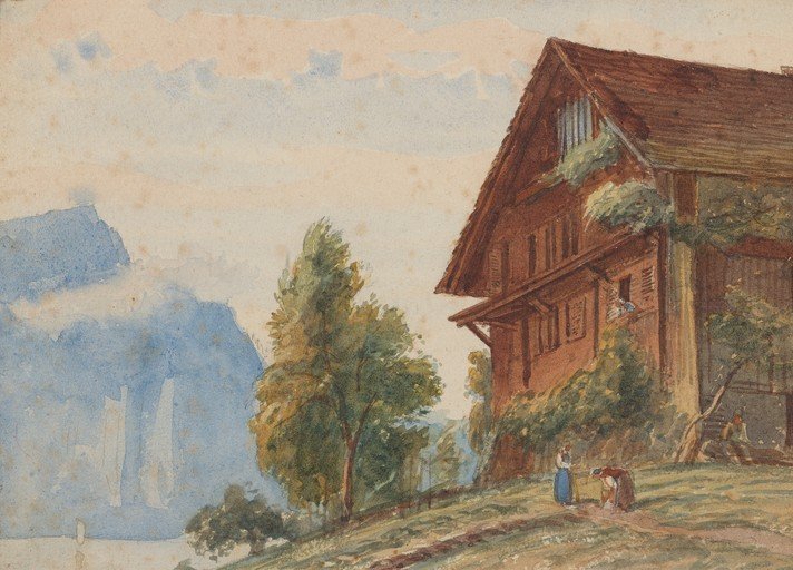 Alpine Village Scene with Traditional House and Figures