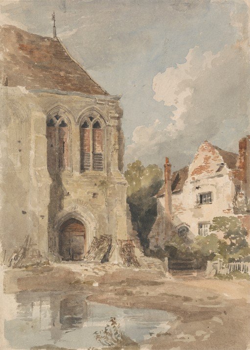 Watercolor of Old Buildings and Puddle