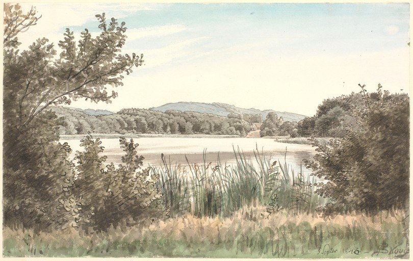 Watercolor Landscape of a Lake with Trees and Hills