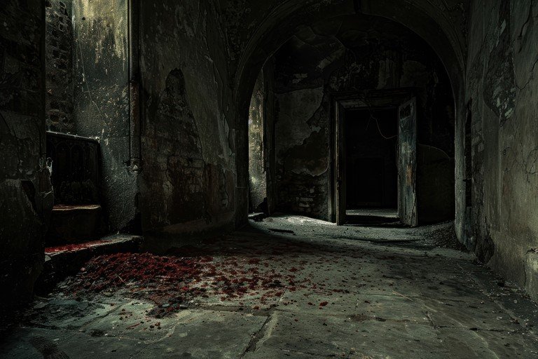 Eerie Abandoned Hallway with Bloodstains
