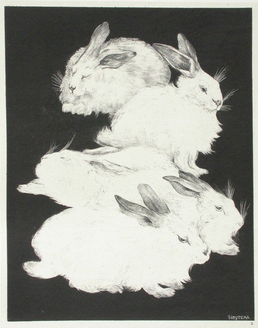 Artistic Depiction of Five Rabbits in a Pile