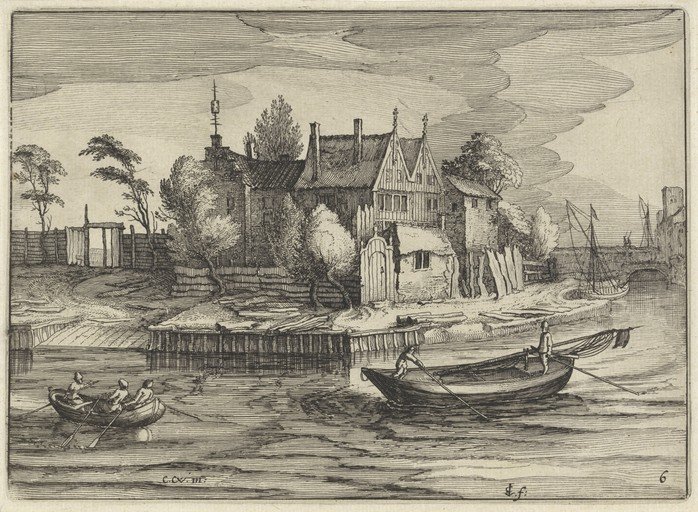 Engraving of a Dutch Canal Scene with Boats and Buildings