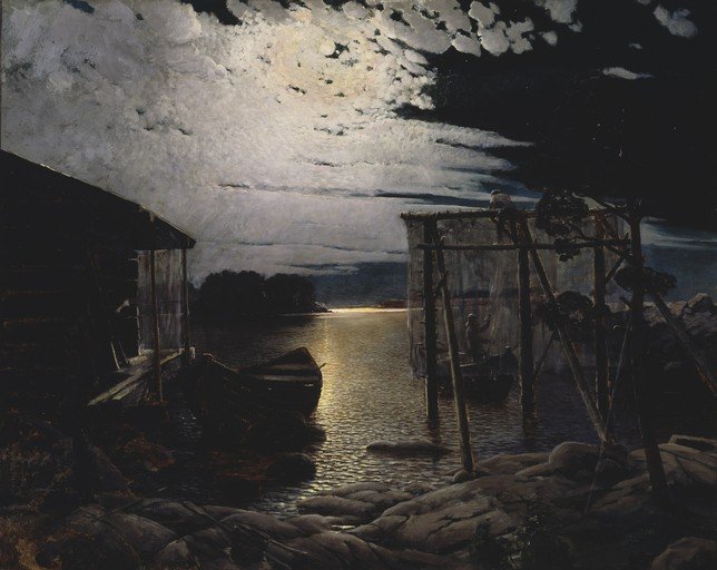 Moonlit Night Scene with Boats and Fishing Nets