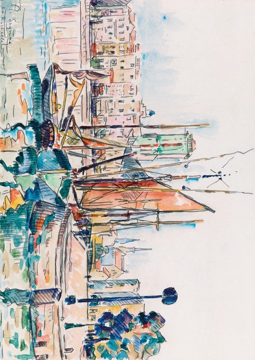 Watercolor sketch of a bustling harbor with boats and buildings