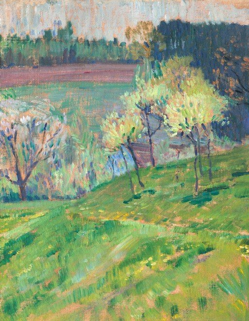 Impressionist Landscape Painting of a Rolling Green Hillside