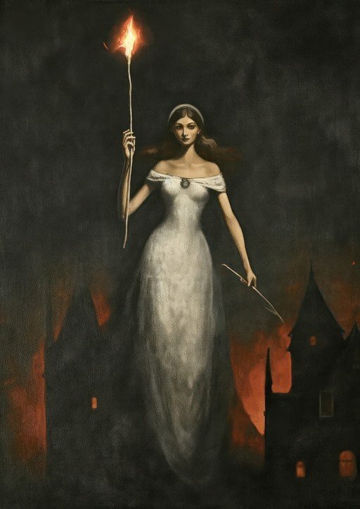 Woman with Torch in Burning City