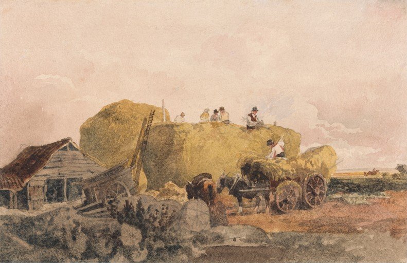 Rural Haymaking Scene with Figures and Wagons