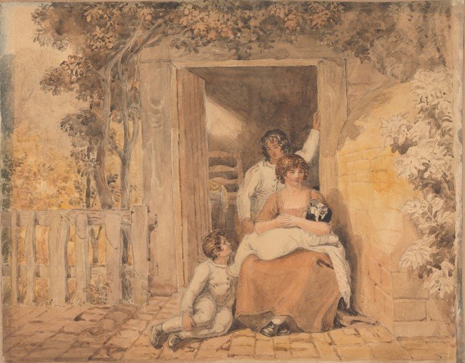 18th Century Watercolor of a Family Scene in a Garden