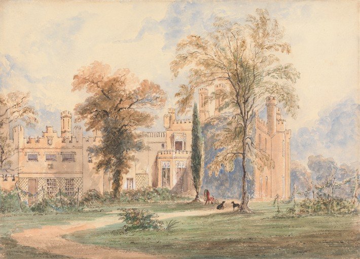 Watercolor of a Gothic Revival Mansion with Dogs and Trees