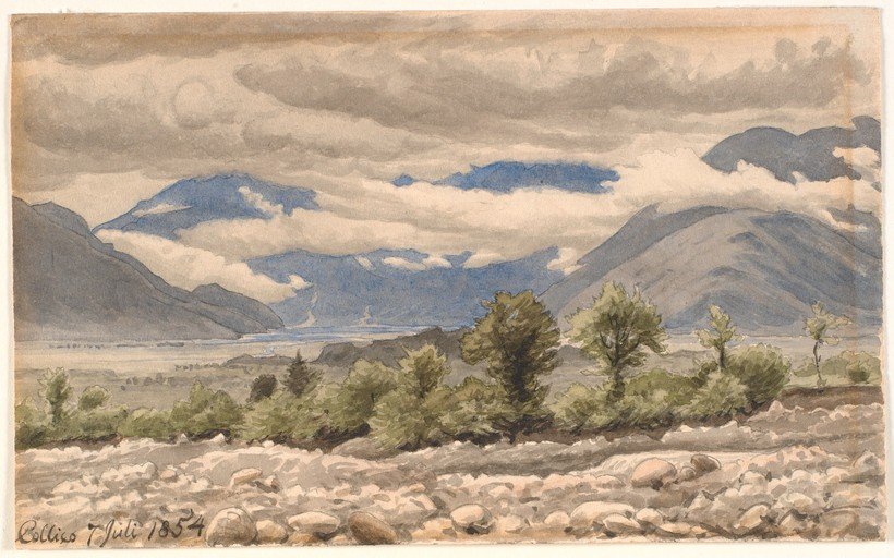 Watercolor landscape of mountains and river valley
