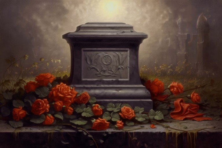 Grave Monument with Red Roses and Dramatic Sky