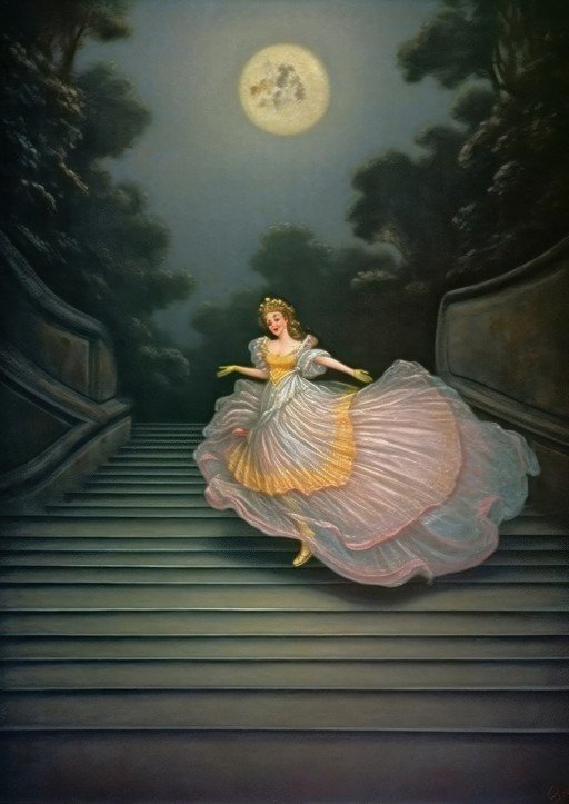 Ballerina Descends Grand Staircase Under Moonlight
