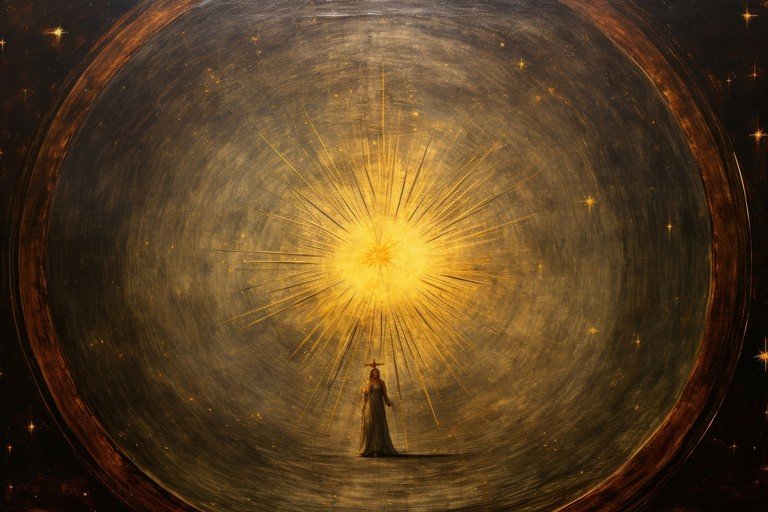 Mystical Figure Under a Radiant Sunburst in Cosmic Setting