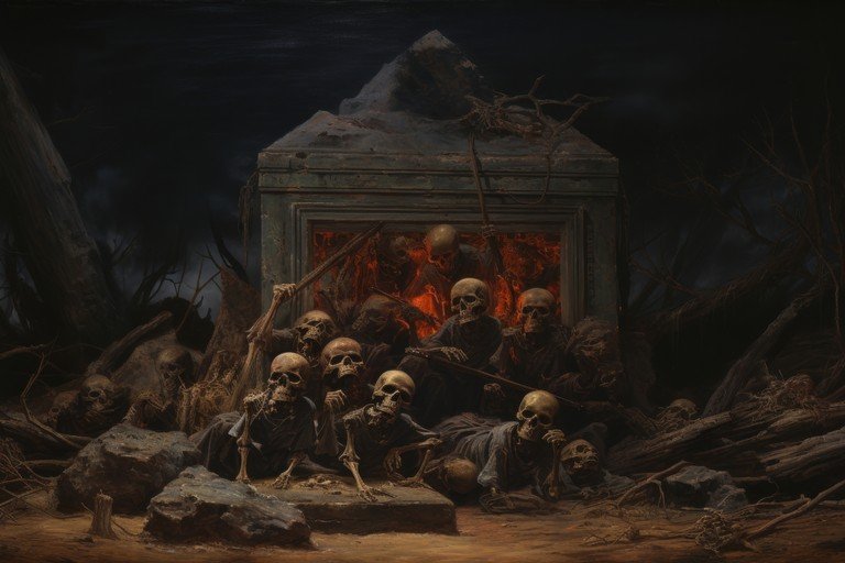 Macabre Scene of Skeletons Emerging from a Tomb